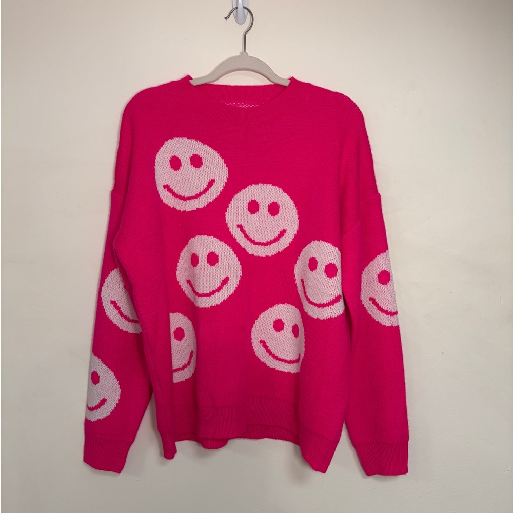 Oversized Sassy Shortcake Hot Pink Smiley Face Sweater - Size M - Picture 4 of 5